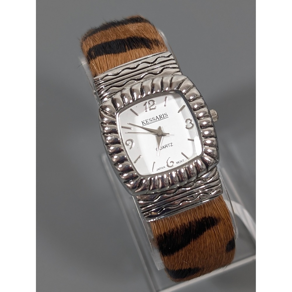 Kessaris Watch Animal Print Faux Fur Cuff Brown Black Hinge Bracelet 6.5"